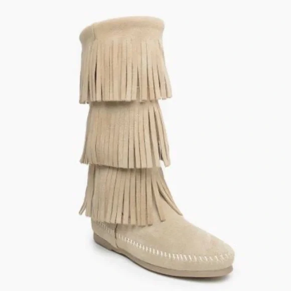 Minnetonka Over the Knee Fringe Boots - Taupe - Picture 5 of 7